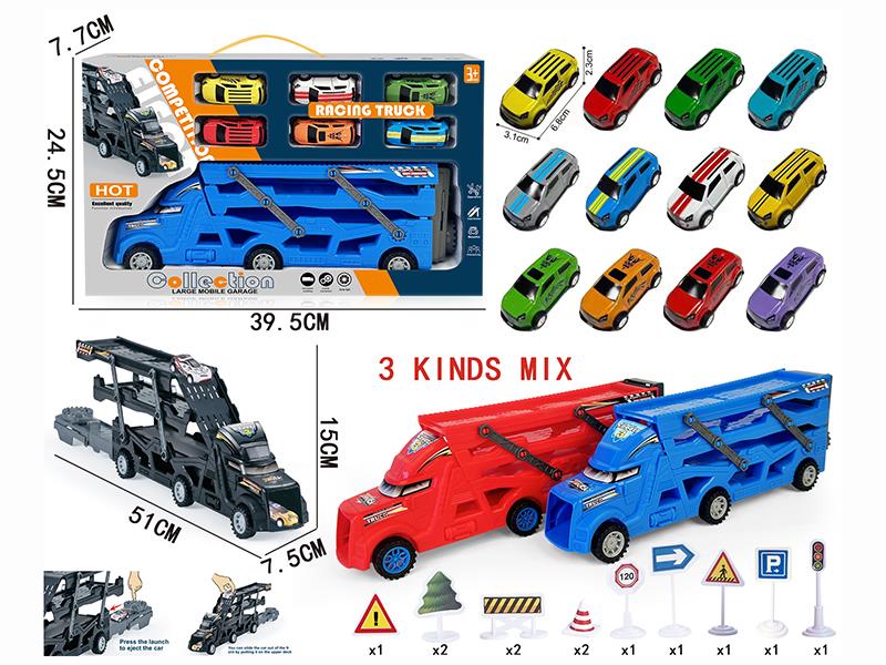 Three-Decker Folding Ejection Container Truck + 12PCS Guidepost + 6PCS 6.8CM Pull Back Iron Cars