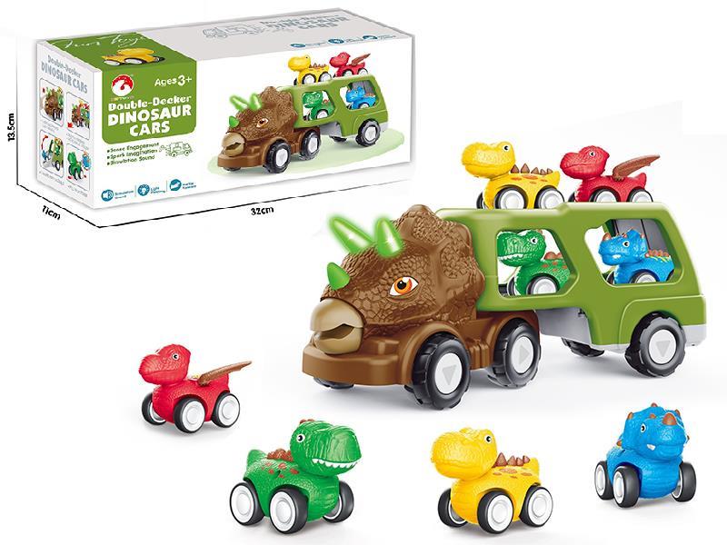 Triceratops Friction Double-Deck Truck With Sounds And Light + 4 Pull Back Dinosaur Cars