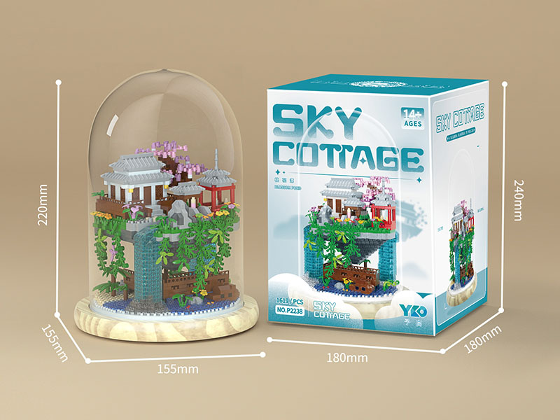 Sky Cottage Building Blocks(Transparent Cover + Wooden Base + Lights)1619pcs