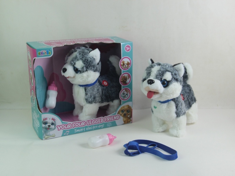 A Two-Husky Dog That Sticks Out Its Tongue And Sucks Milk