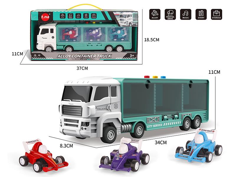 Slide Storage Container Truck With Sound And Light + 3 Pull Back Alloy F1 Equation Cars