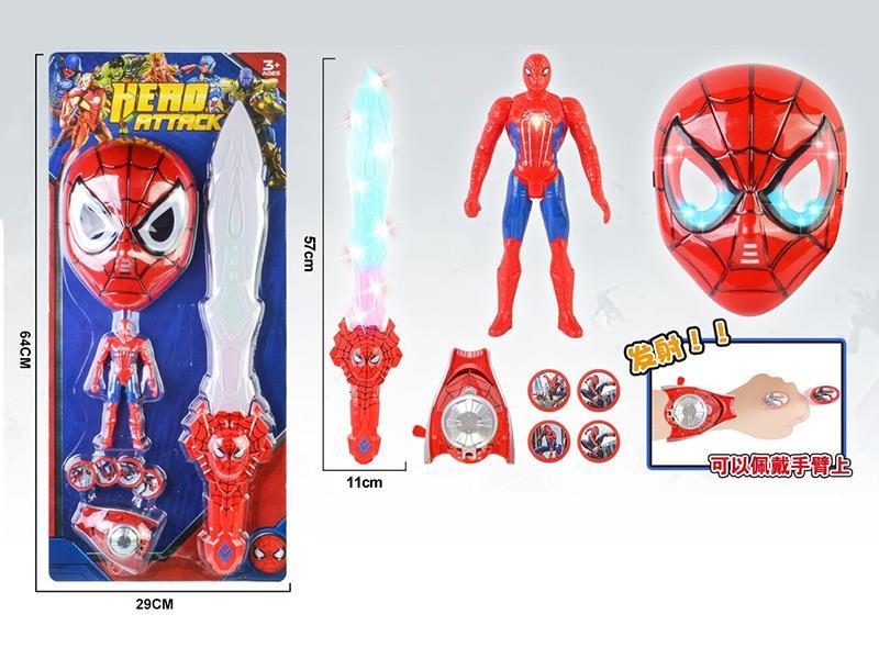 Spider-Man  Mask With Light + Sword With Light And Music + Spider-Man  +  Launcher