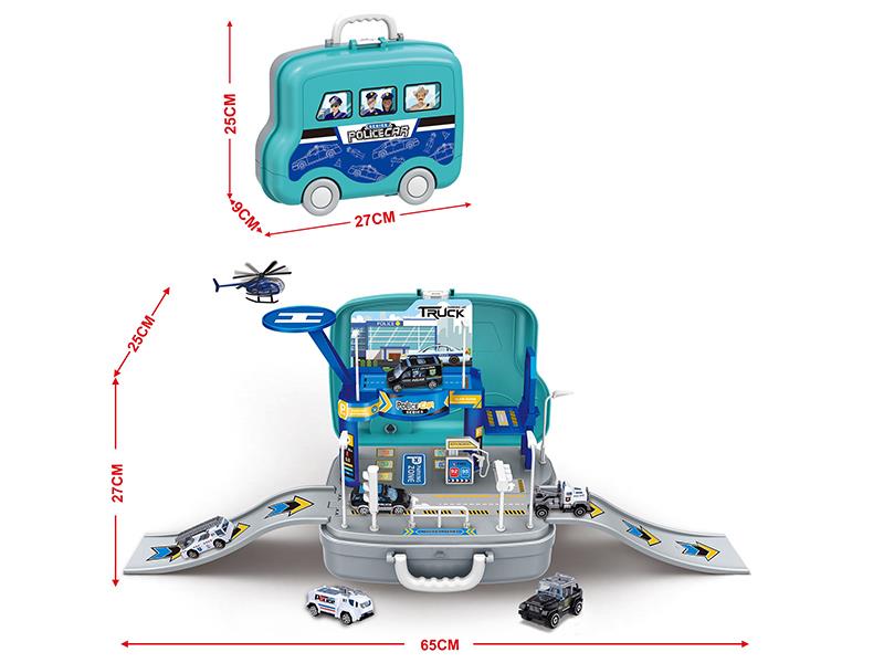 Storage Suitcase Police Series Track Parking Lot With 1 Helicopter And 2 Alloy Cars