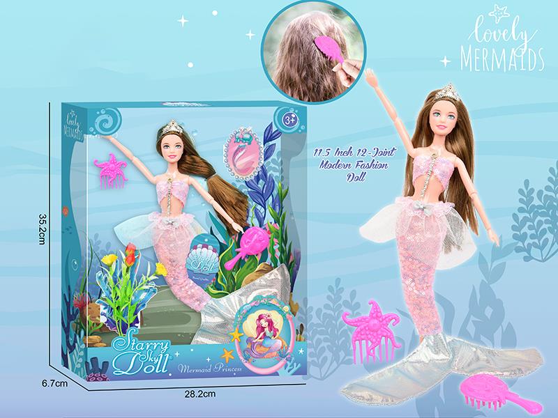 11.5 Inch 12-Joint Mermaid Doll With 2 Combs, 2 Sea Grass