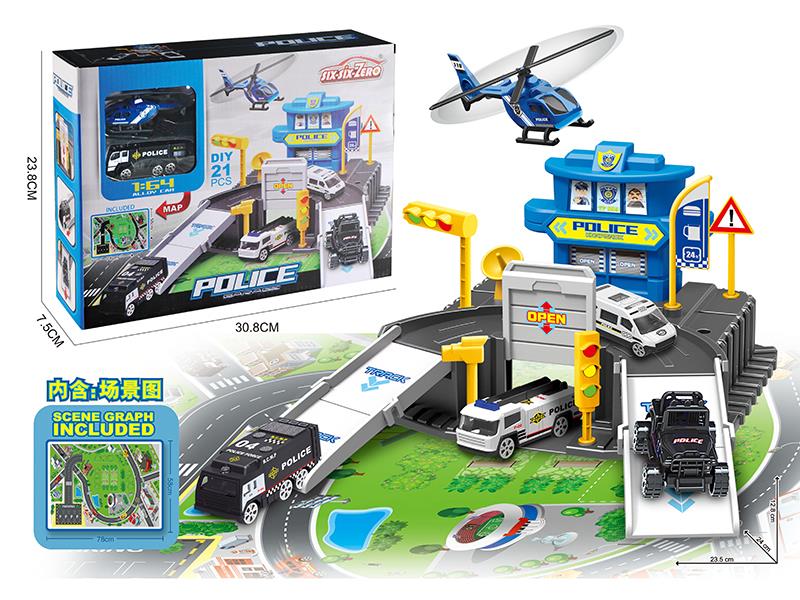 Police Parking Lot Set(With 1 Alloy Aircraft, 1 Alloy Car)24PCS