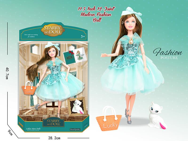 11.5 Inch 12-Joint Modern Fashion Doll With Handbag, Cat, Bow Headdress, Wish Card