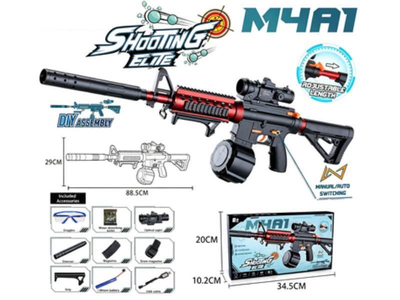 Large Black And Red M4A1 Hand-Automatic Water Bullet Gun Diy Detachable Front And Rear Supports Retractable Rear Supports [Magazine + Drum Plate]