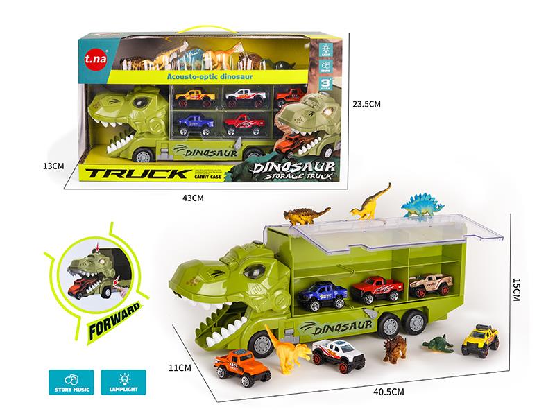 Friction Dinosaur Container Car With Sound And Light + 6 Slide Alloy Cars