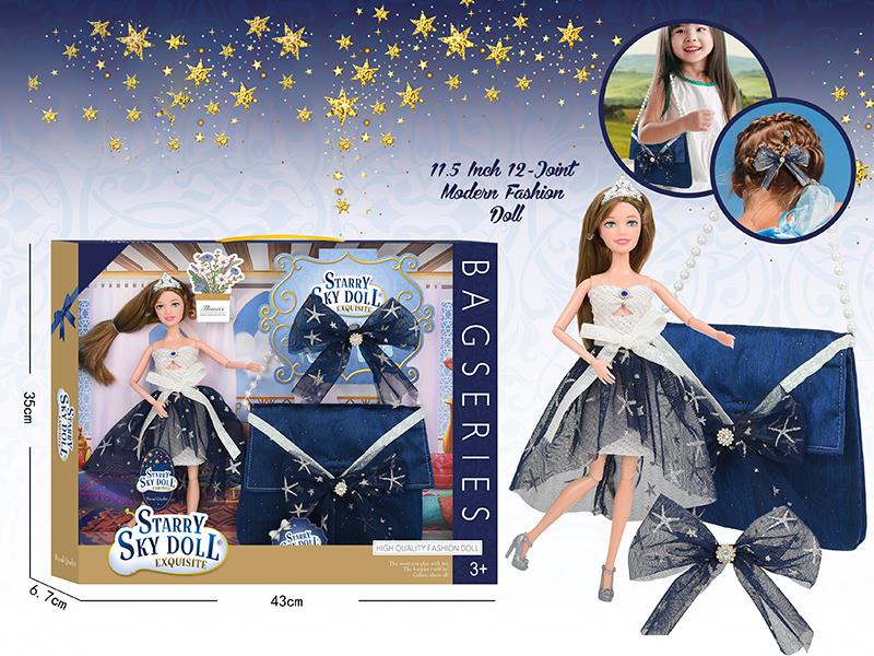 11.5 Inch 12-Joint Doll With Bow Hair Clip, Handbag, Crown