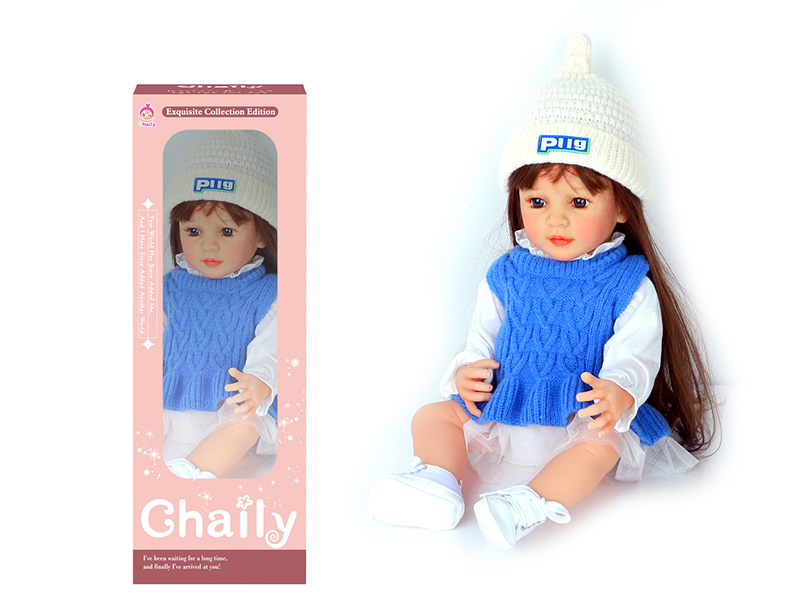 55CM Soft Glue High Simulation Baby Doll(Wig Sheath)With Diaper, Birth Card, Woollen Cap