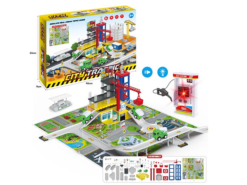 Simulation Track Ctiy Traffic Scene Set(Gas Station Model With Lights And Music, 2 Pull Back Engineering Trucks)