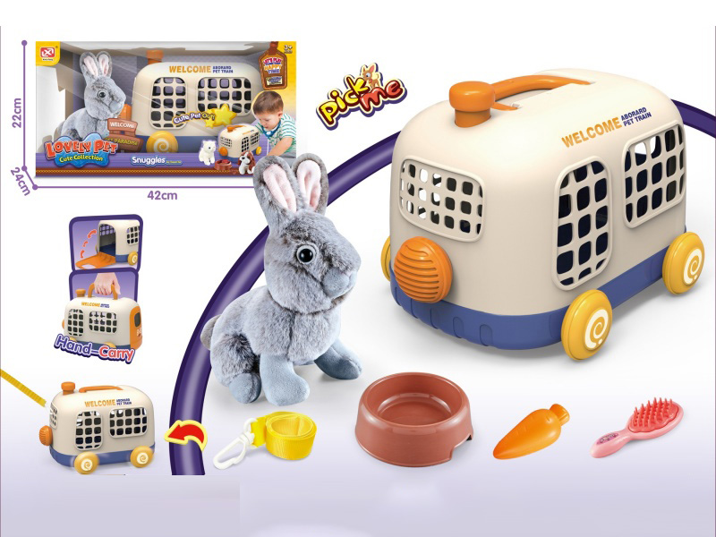 Pet Bus Cage+Plush Rabbit Pure Gray Dutch Rabbit+Bb Whistle+Bus Traction Rope