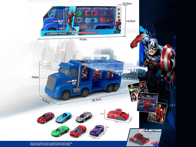 Friction Captain America Storage Carrier Truck + 6 Slide Alloy Cars + Launcher