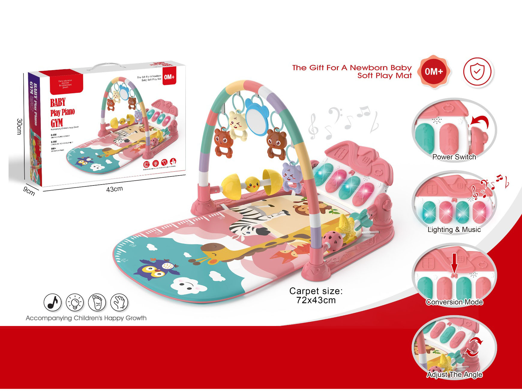 Baby Pedal Piano Fitness Frame Pink - Giraffe (With Guardrail)