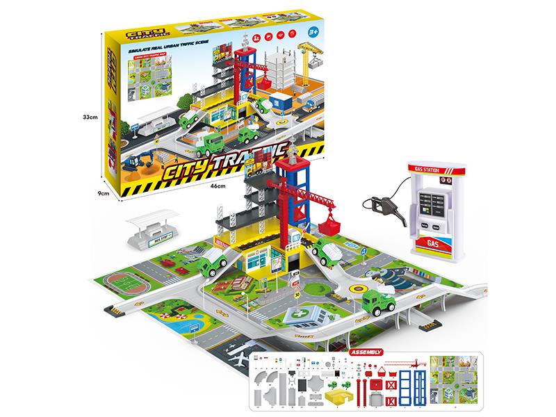 Simulation Track Ctiy Traffic Scene Set(With Gas Station Model, 2 Pull Back Engineering Trucks)