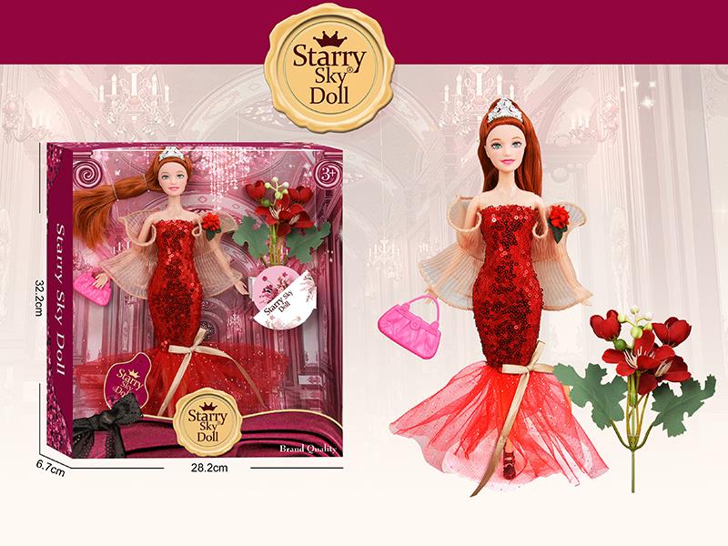11.5 Inch 11-Joints Fashion Doll With Crown, Simulated Bouquet, Handbag