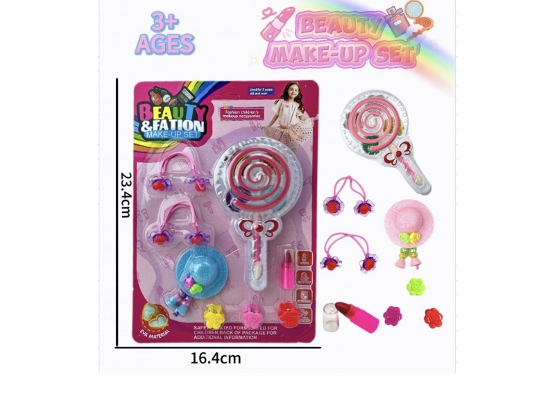 Lollipop makeup, accessories and toys come with 2 clips, 2 rubber bands, 1 lipstick and 1 cap flower