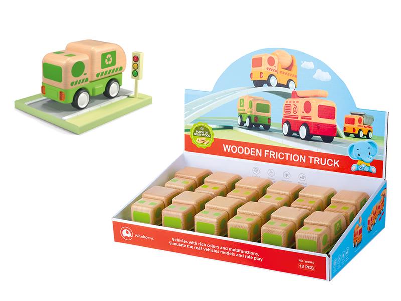 Wooden Mini Sanitation Truck With Music And Lights 12PCS/Box