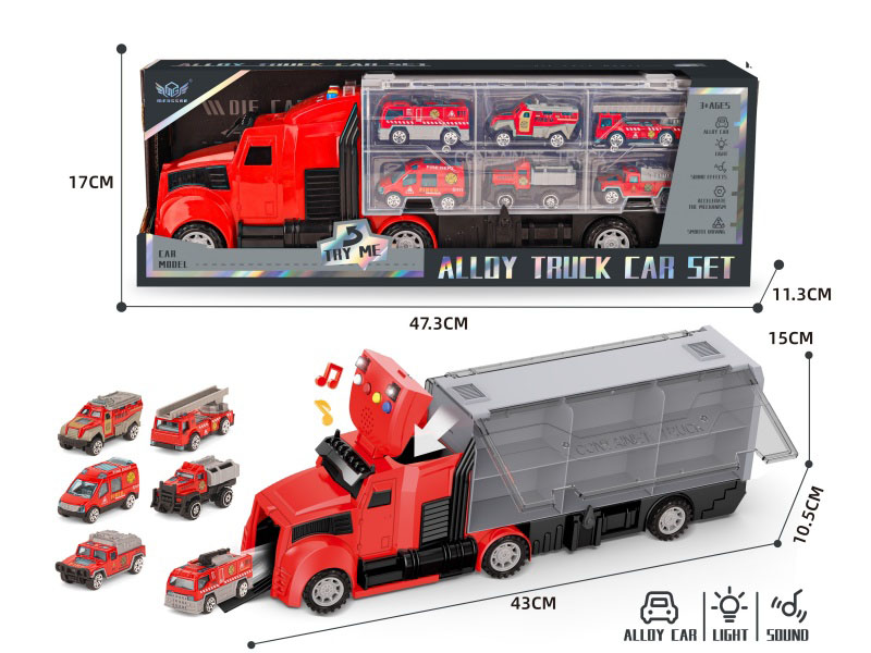 Fire-Fighting Long-Nose Container Truck + Red Fire Truck Series Alloy Vehicle