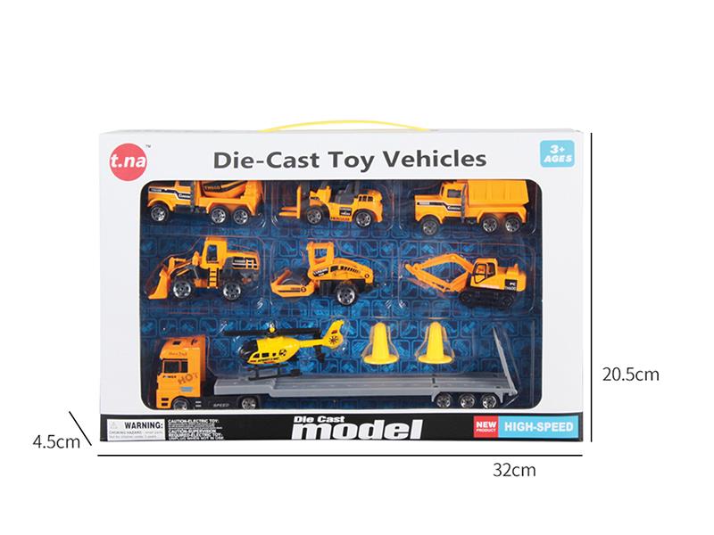 Alloy European Style Trailer With Helicopter And 6 Engineering Trucks