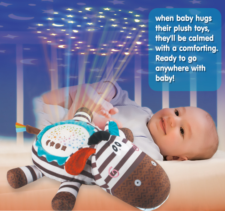 Babies feel comforted by the soothing sounds and light projections of the zebra toy.