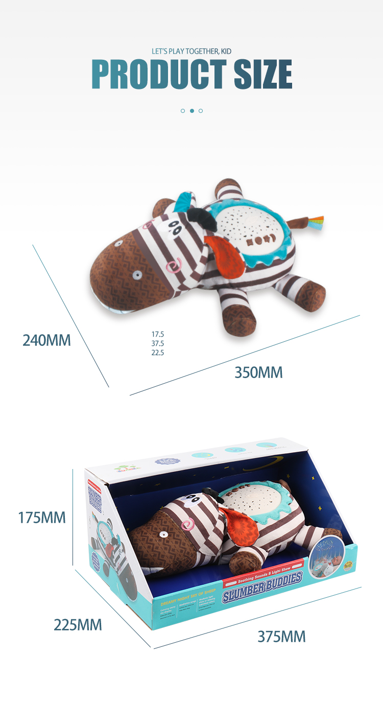 Product Dimensions and Packaging Dimensions for the Soothing Sound and Light Projection Zebra Toy