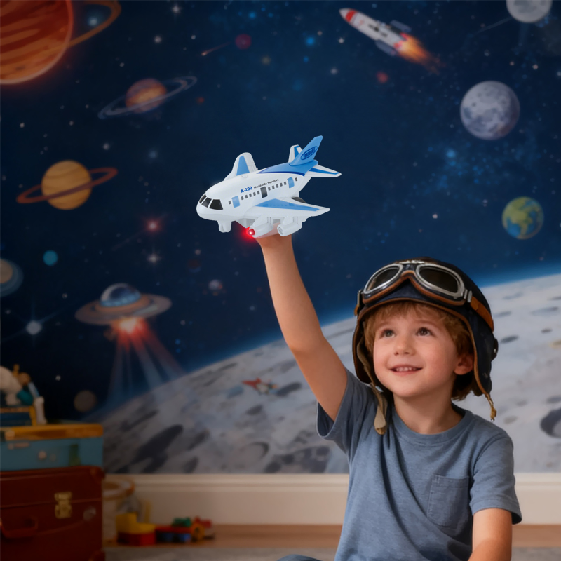 A little boy wearing a pilot's cap is playing with an Alloy Q-Version Aircraft toy in the room