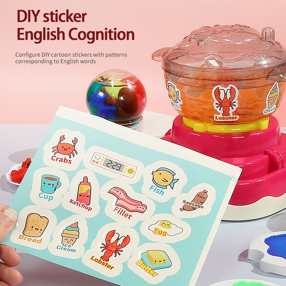 Stickers of various ingredients are placed on the toys