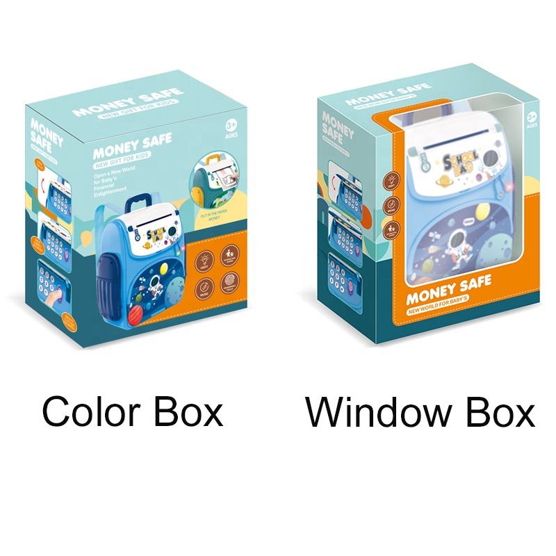 The Space Backpack Piggy Bank comes in two outer packaging styles: one features a colorful outer box, while the other features a window box