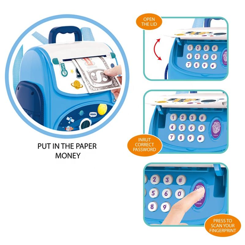 Space Backpack Piggy Bank: Insert bills to deposit money, enter your PIN, then press your fingerprint to withdraw cash