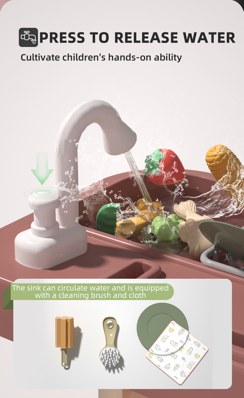 The Kitchen Table toy faucet releases water to cultivate children's hands-on skills