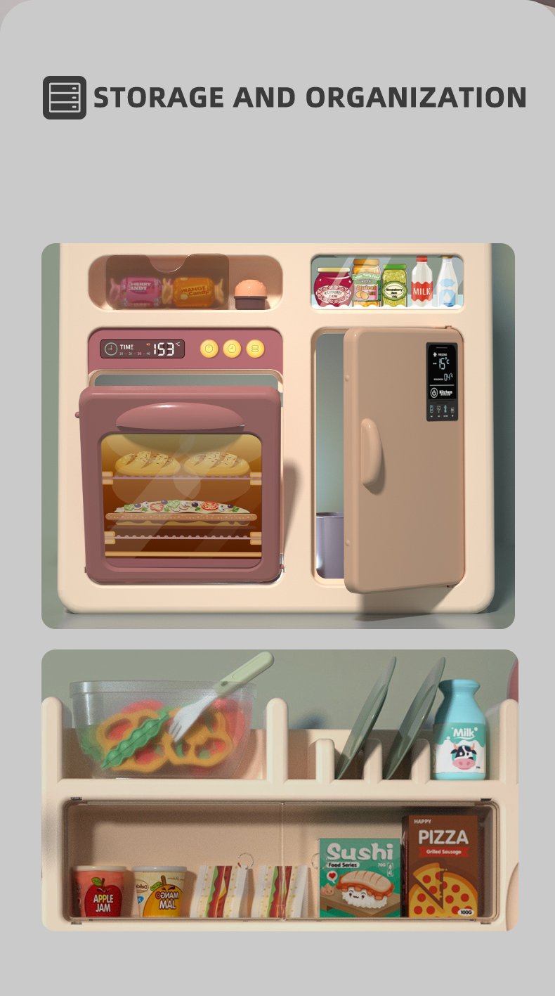 The kitchen table features a refrigerator and shelves for storing and organizing a wide variety of ingredients and kitchenware