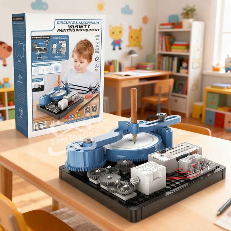 On the desk in the children's room sits the Circuit Machinery Drawing Instrument and its outer packaging