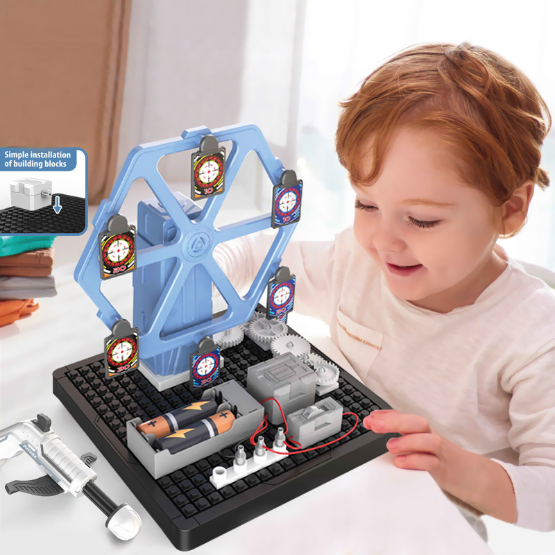 A child in white clothing sits beside the table playing with a Circuit Machinery Bow and Arrow Rotating Target