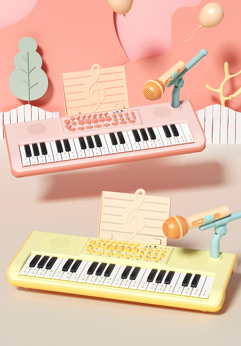 Pink and yellow Music Electronic Organ against a pink 3D background