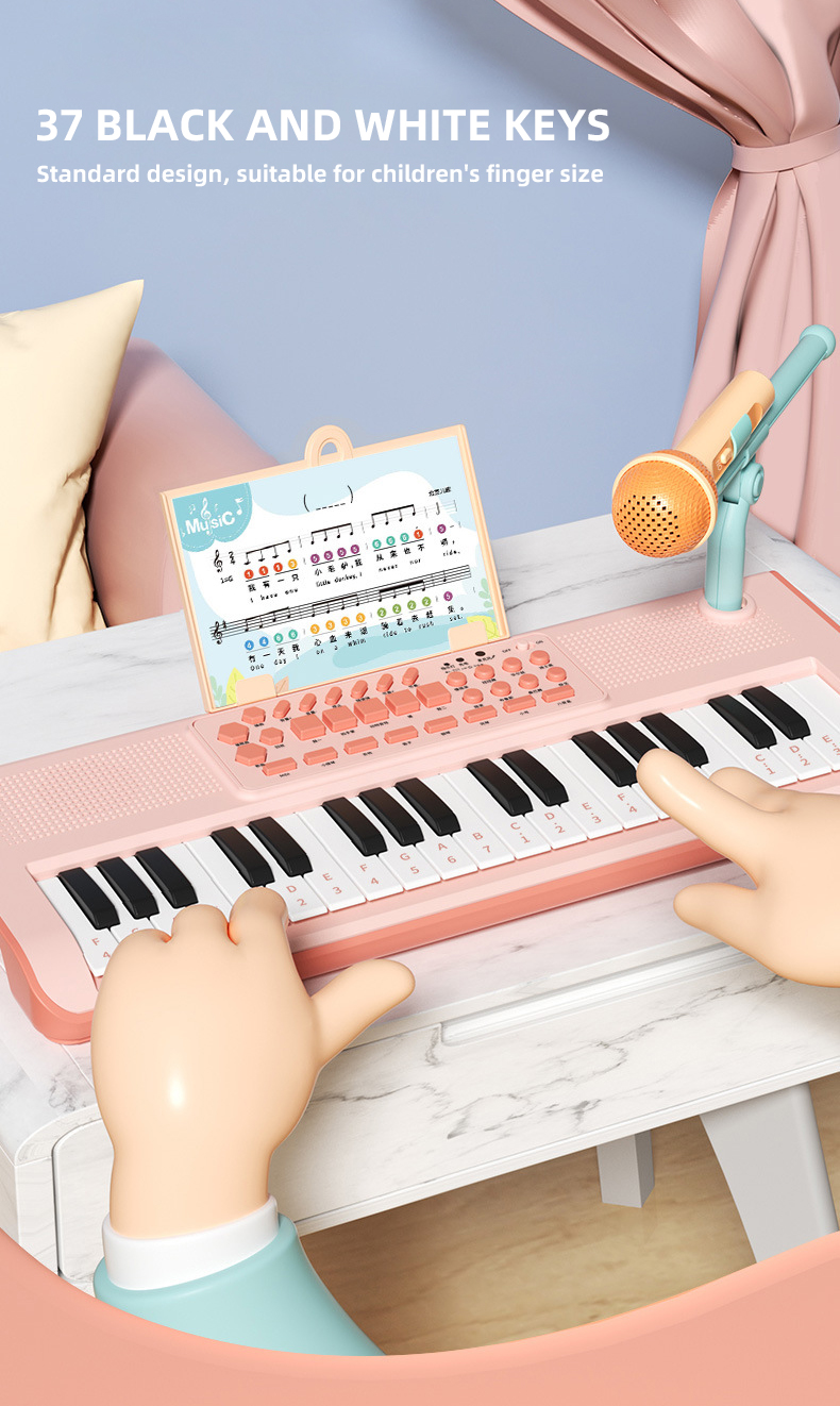 The 37 black and white keys are designed to fit children's finger sizes