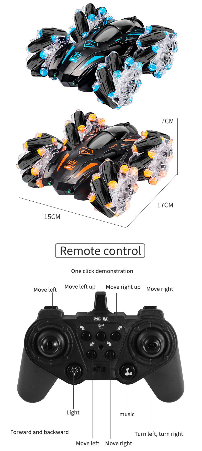 Dimensions of the Remote Control Drift Stunt Car and Description of Its Remote Control Button Functions