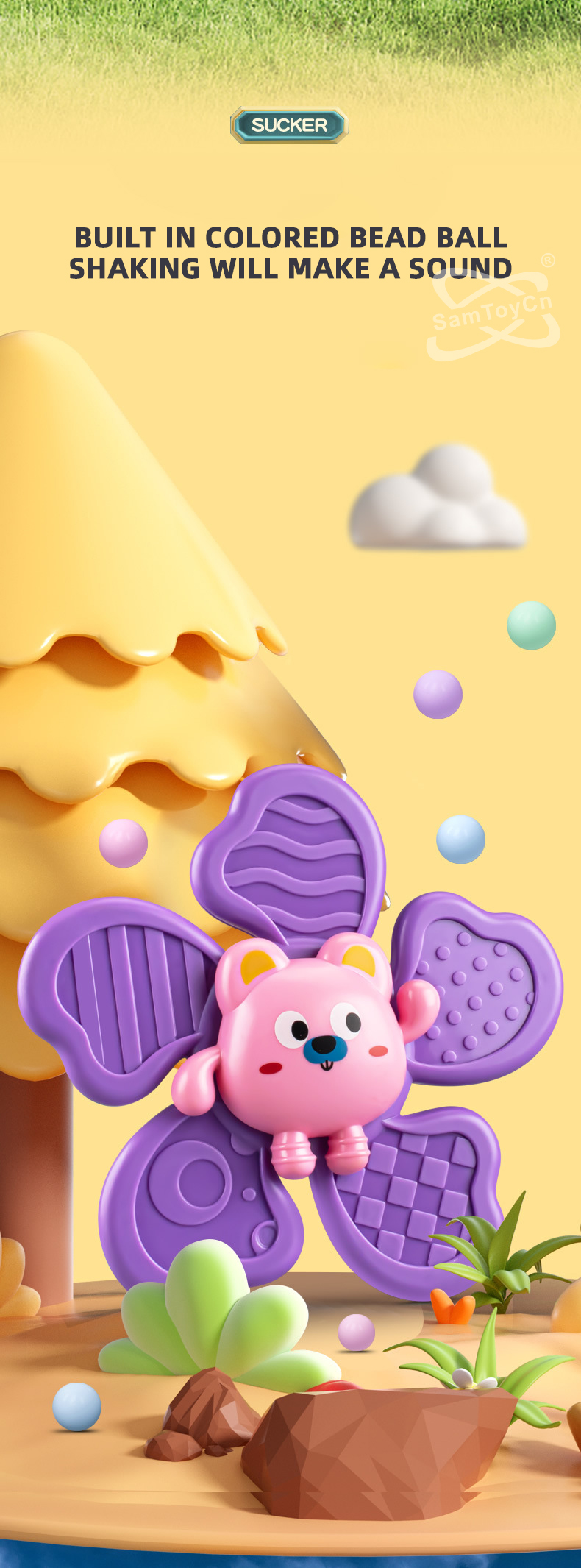 The built-in colored beads inside the Suction Cup Spinning Top Toys make sounds when shaken