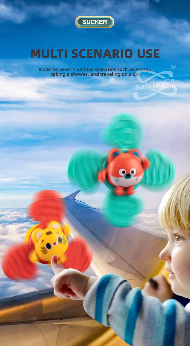 Suction Cup Spinning Top Toys can be used in multiple scenarios. A child sitting on an airplane points at the Suction Cup Spinning Top Toys on the window and plays with them
