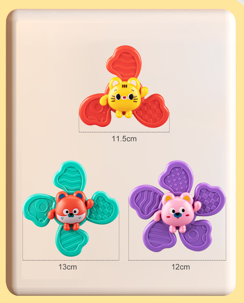 Dimensions of three differently colored animal suction cup spinning top toys