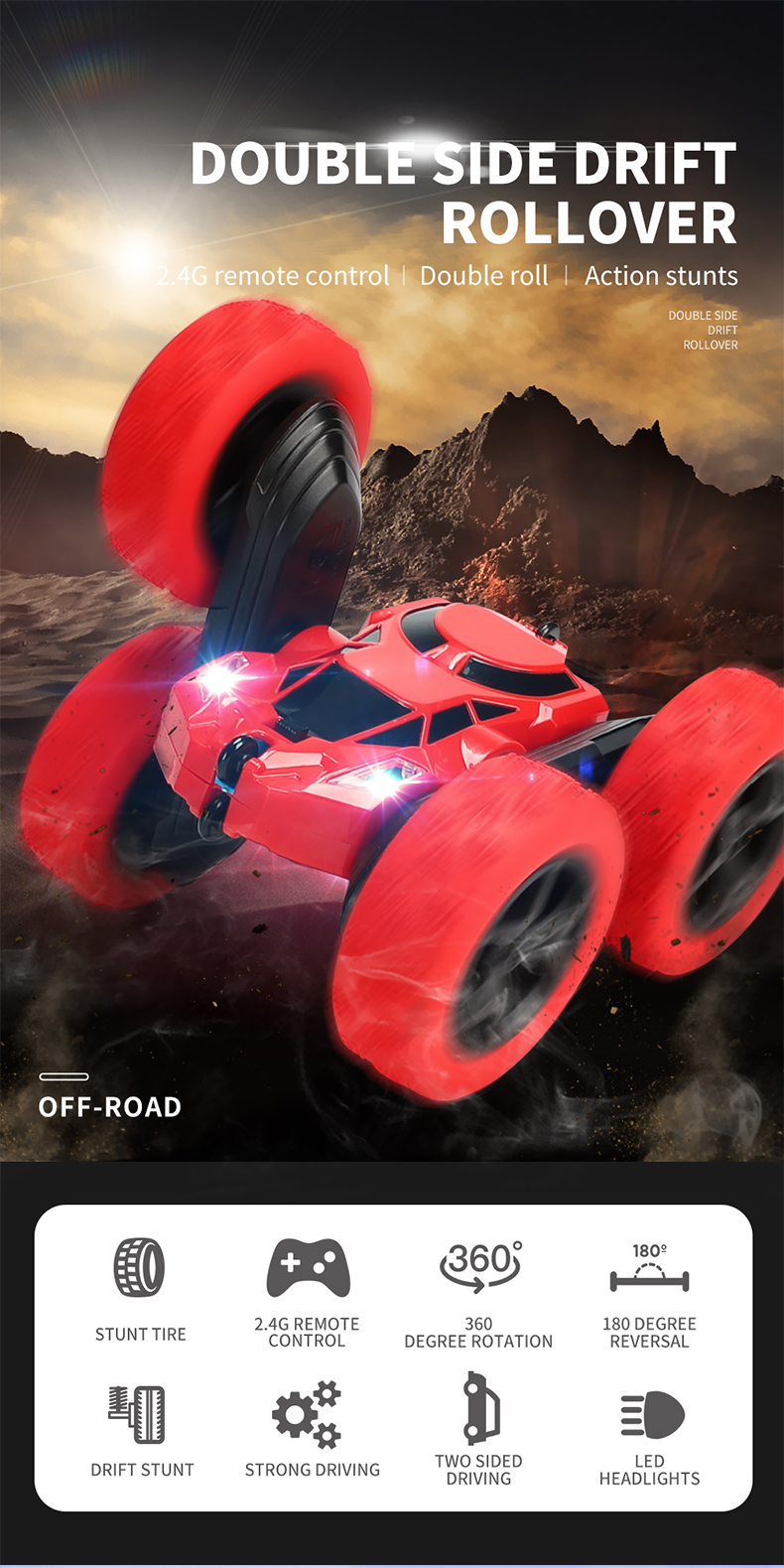 The red stunt remote-controlled car can perform sideways drifts and rollovers