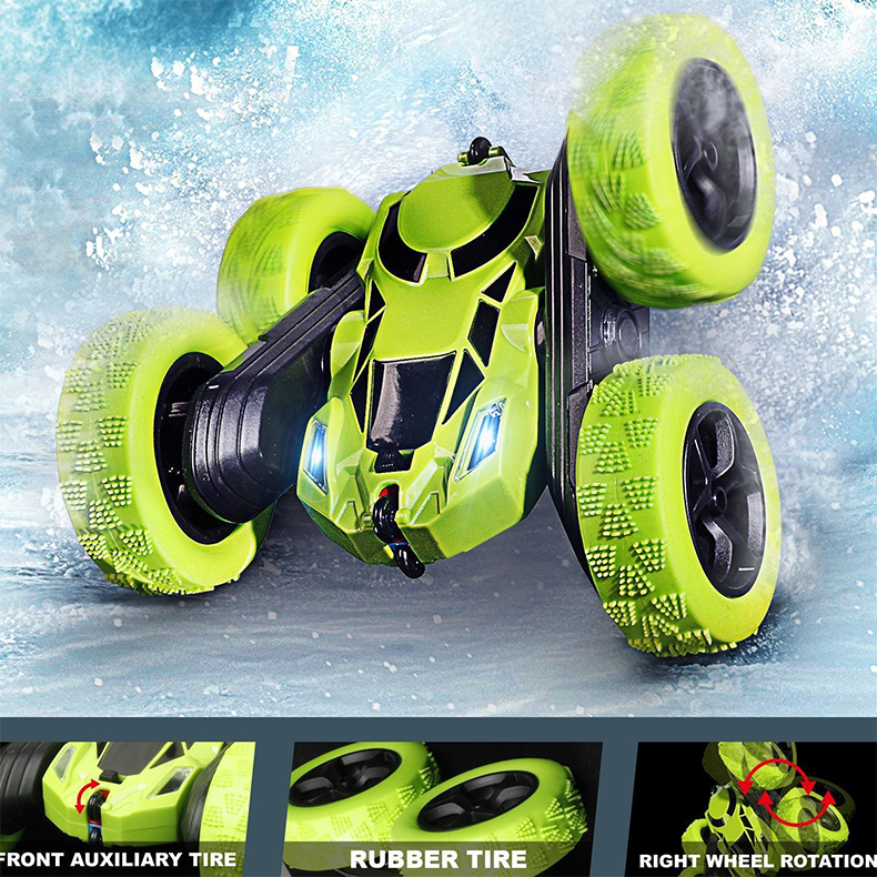 The stunt remote-controlled car features front auxiliary tires, and the rubber tires can rotate to the right