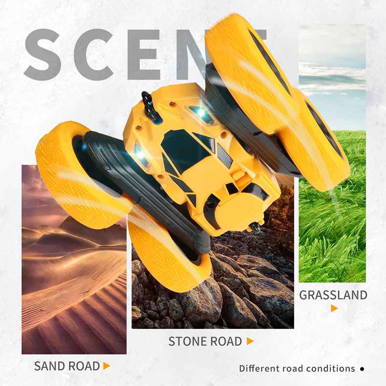 The Remote Control Double-Sided Stunt Car can drive on various terrains such as sand, rocky roads, and grass