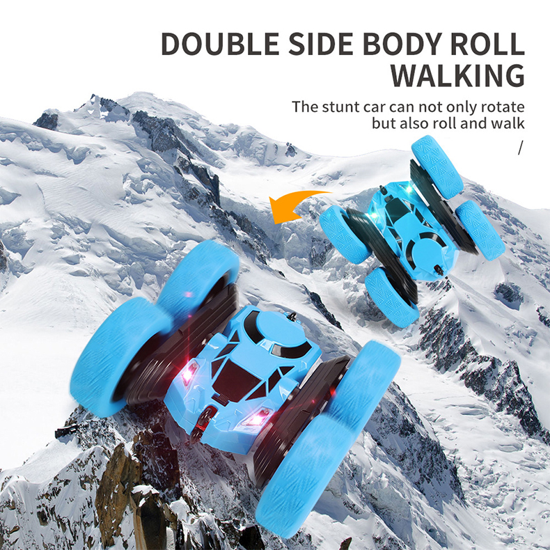 The blue stunt car can not only spin, but also roll and walk