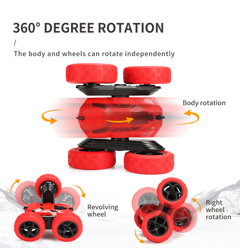 The red remote-controlled stunt double-sided car features a body and wheels that can rotate independently