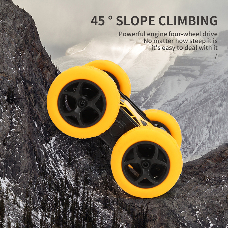 The yellow remote-controlled stunt double-sided car can climb slopes at a 45-degree angle