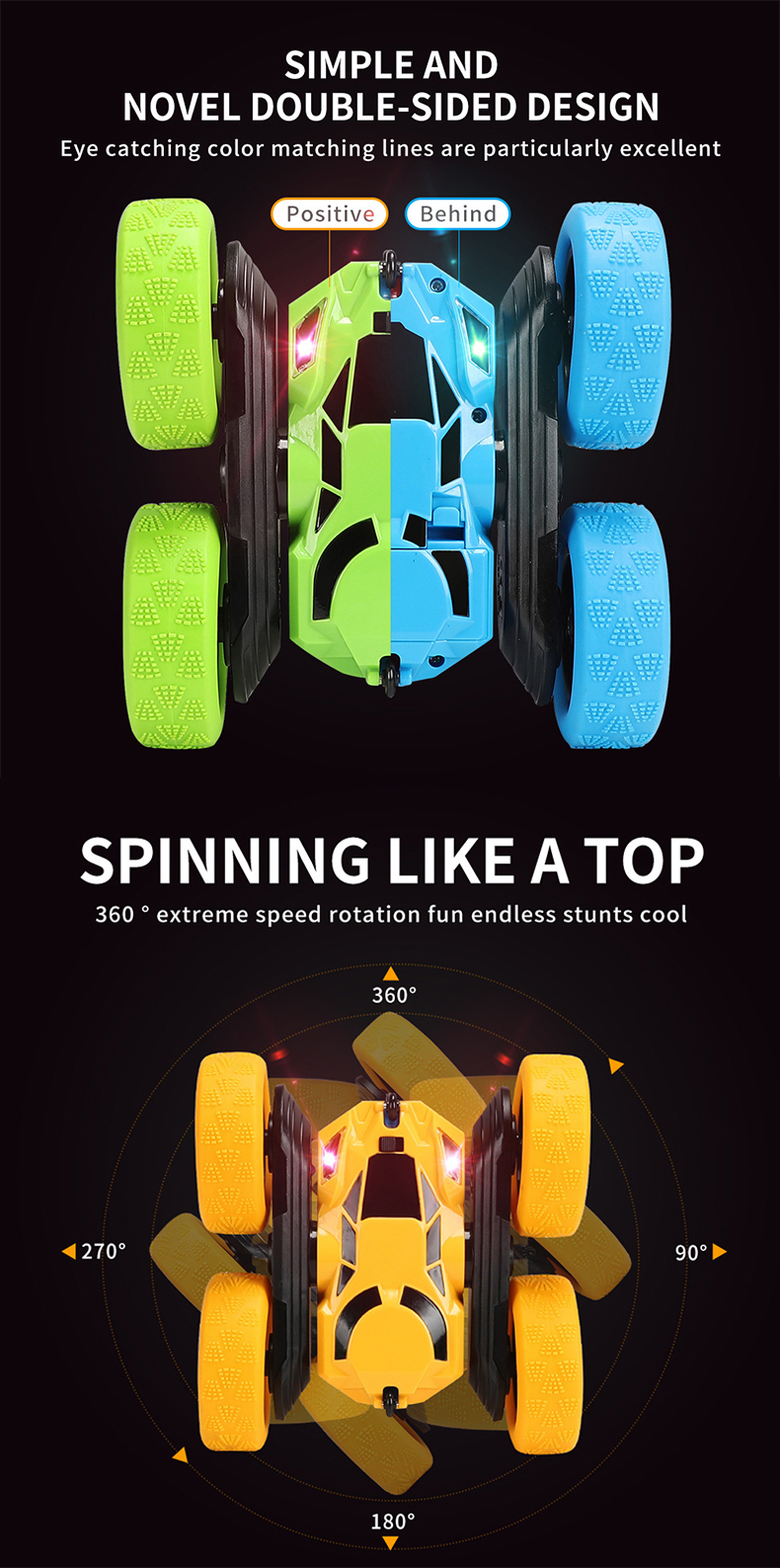 The remote-controlled stunt double-sided car features vibrant colors and can rotate 360 degrees