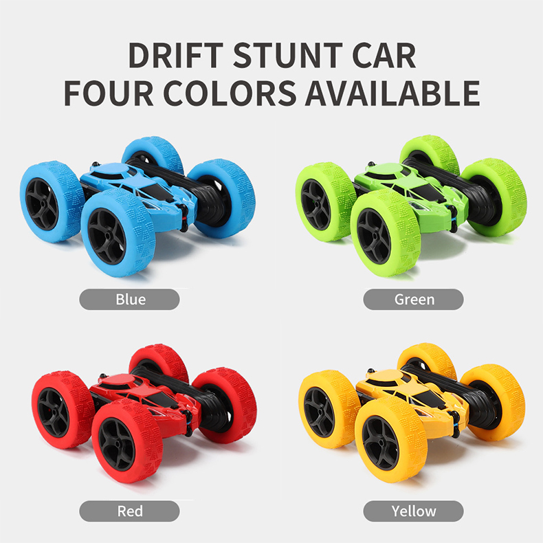 Blue, green, red, and yellow remote-controlled stunt double-sided cars