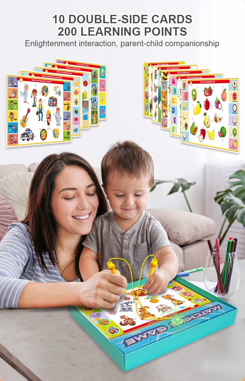 A woman was playing a matching game in the living room while holding her child