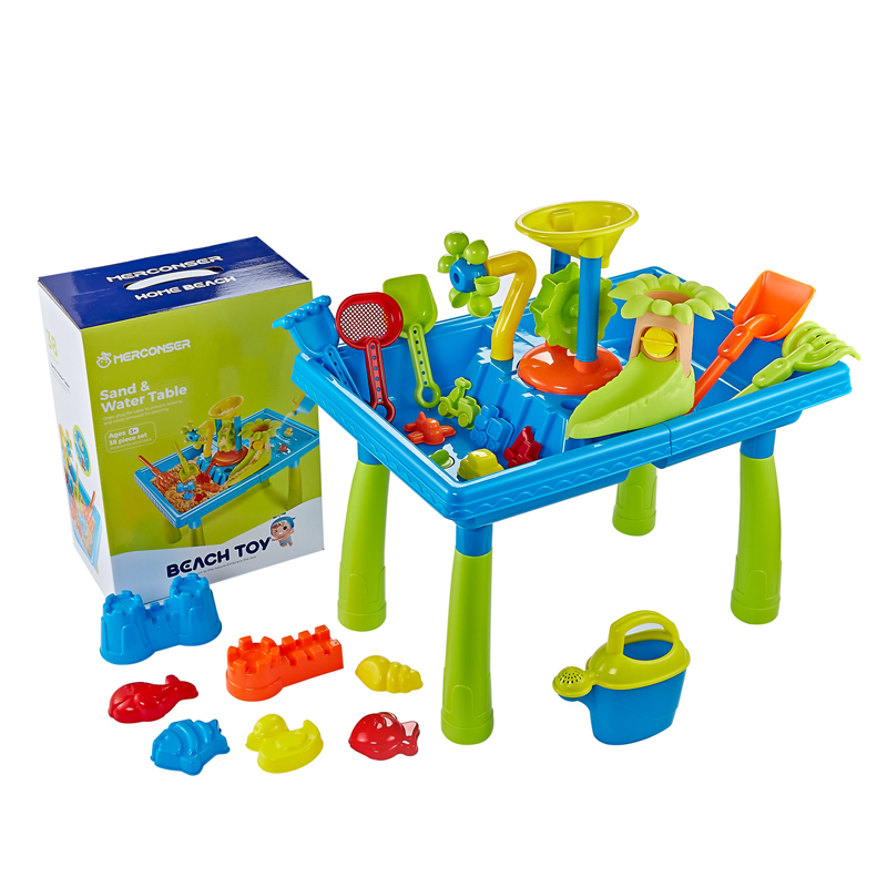 Sand Table and all toy accessories included in the product set, along with its product packaging